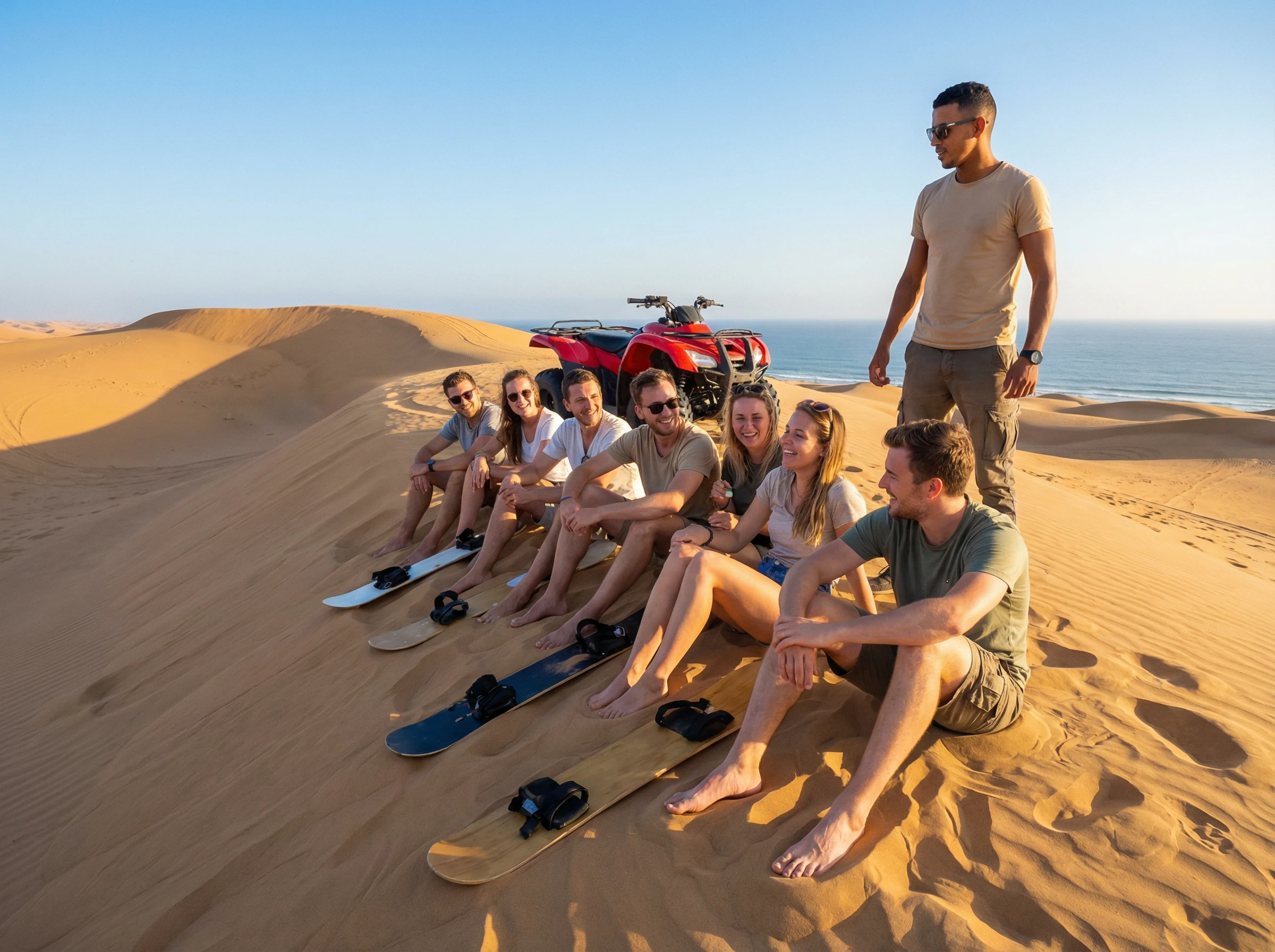 Sunset sandboarding experience in Agadir desert dunes